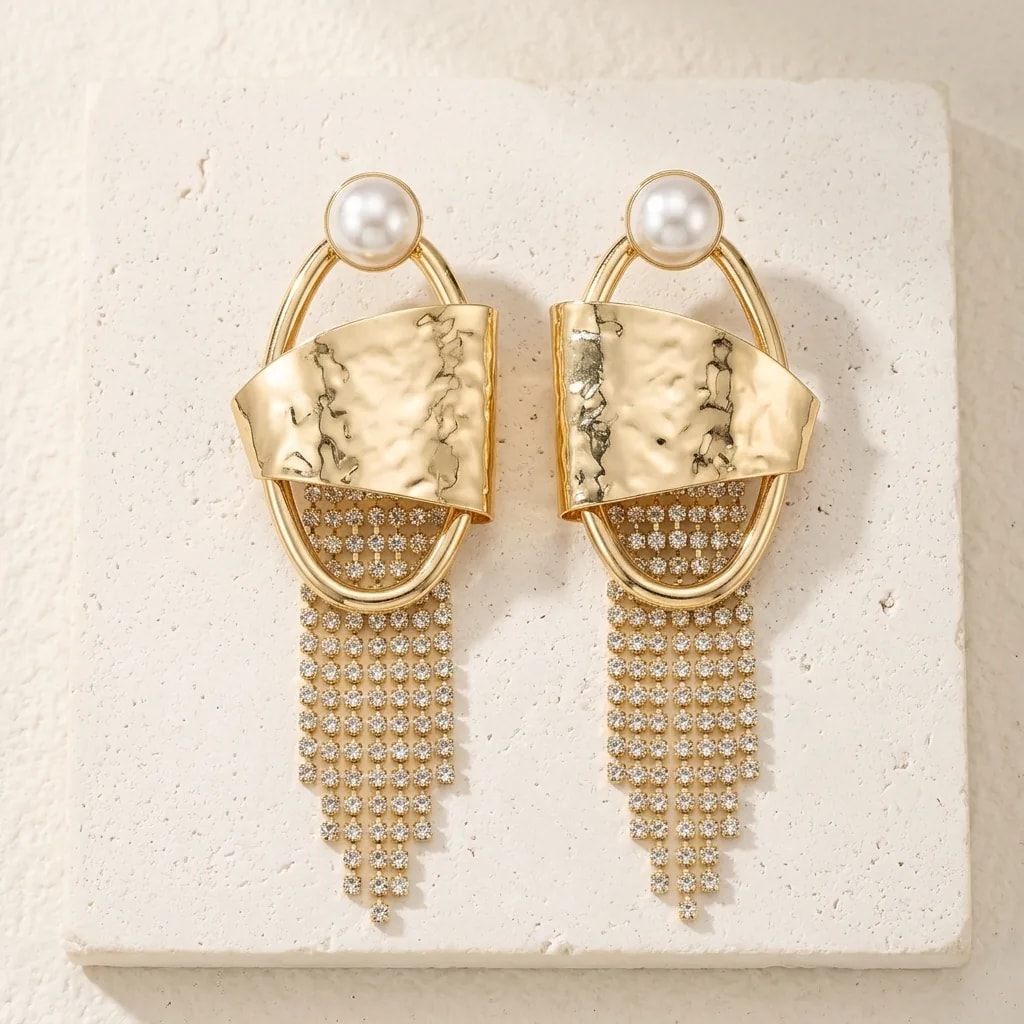 Hammered Golden Pearl Fringe Statement Earrings