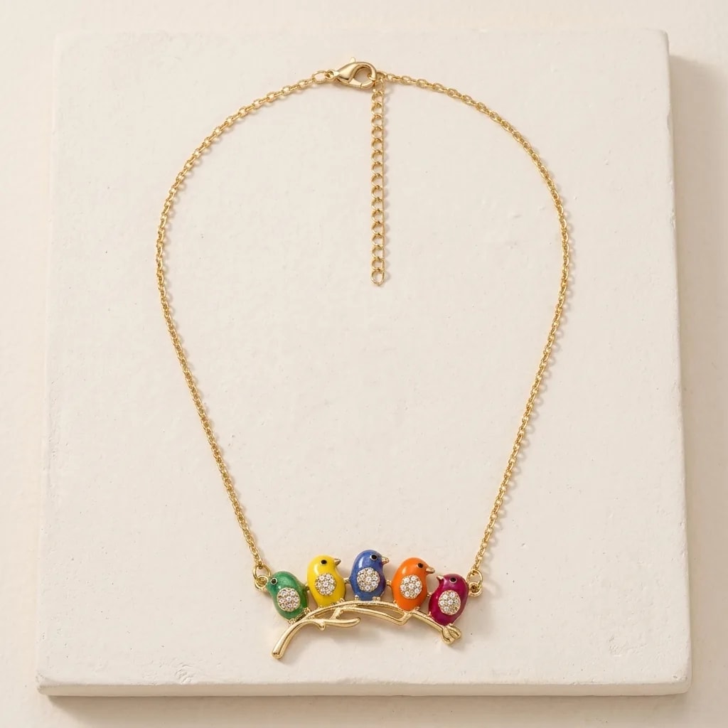 Rainbow Birds Perch Charm Necklace