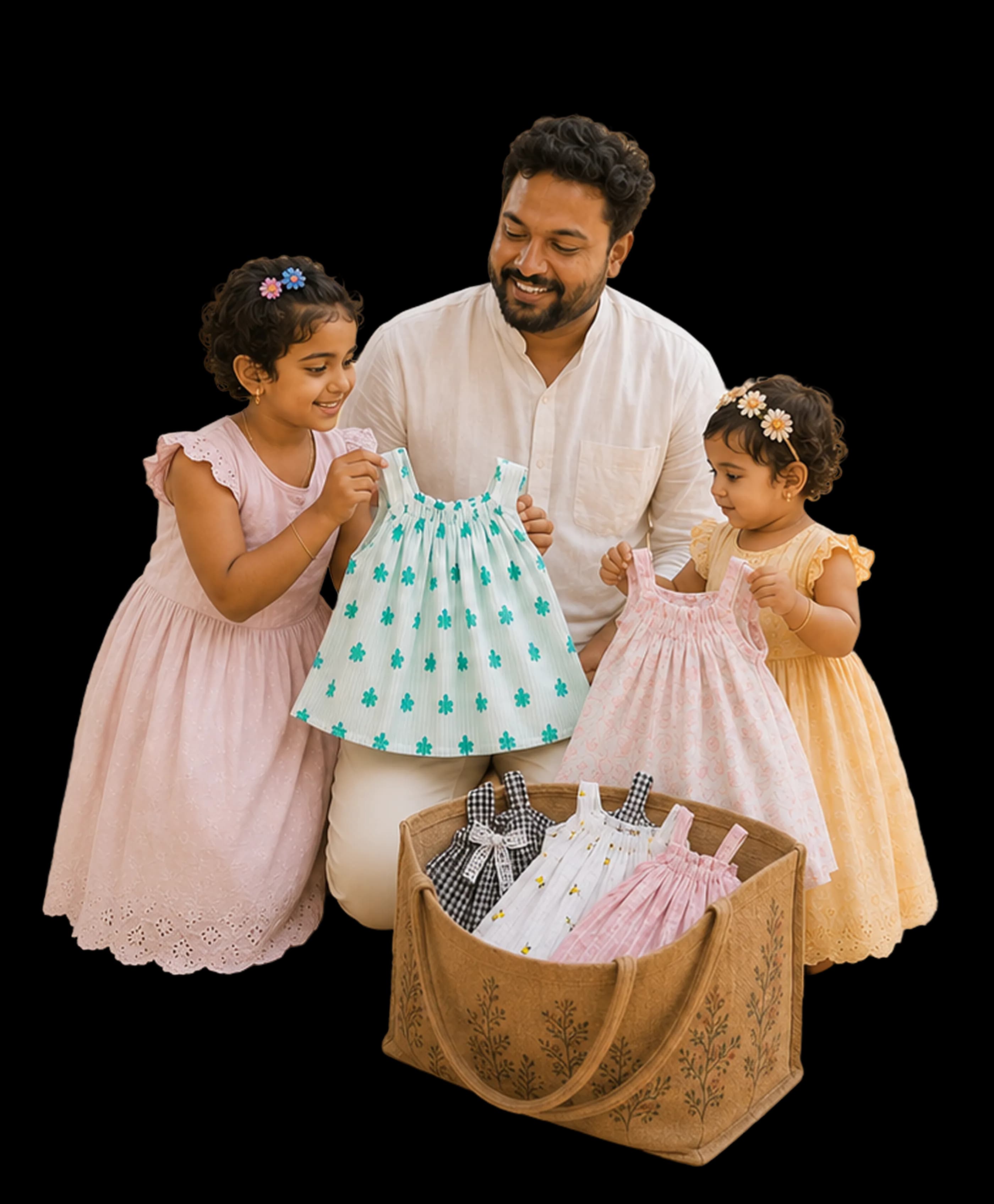 A dad and his two daughters unboxing a Haaty order together