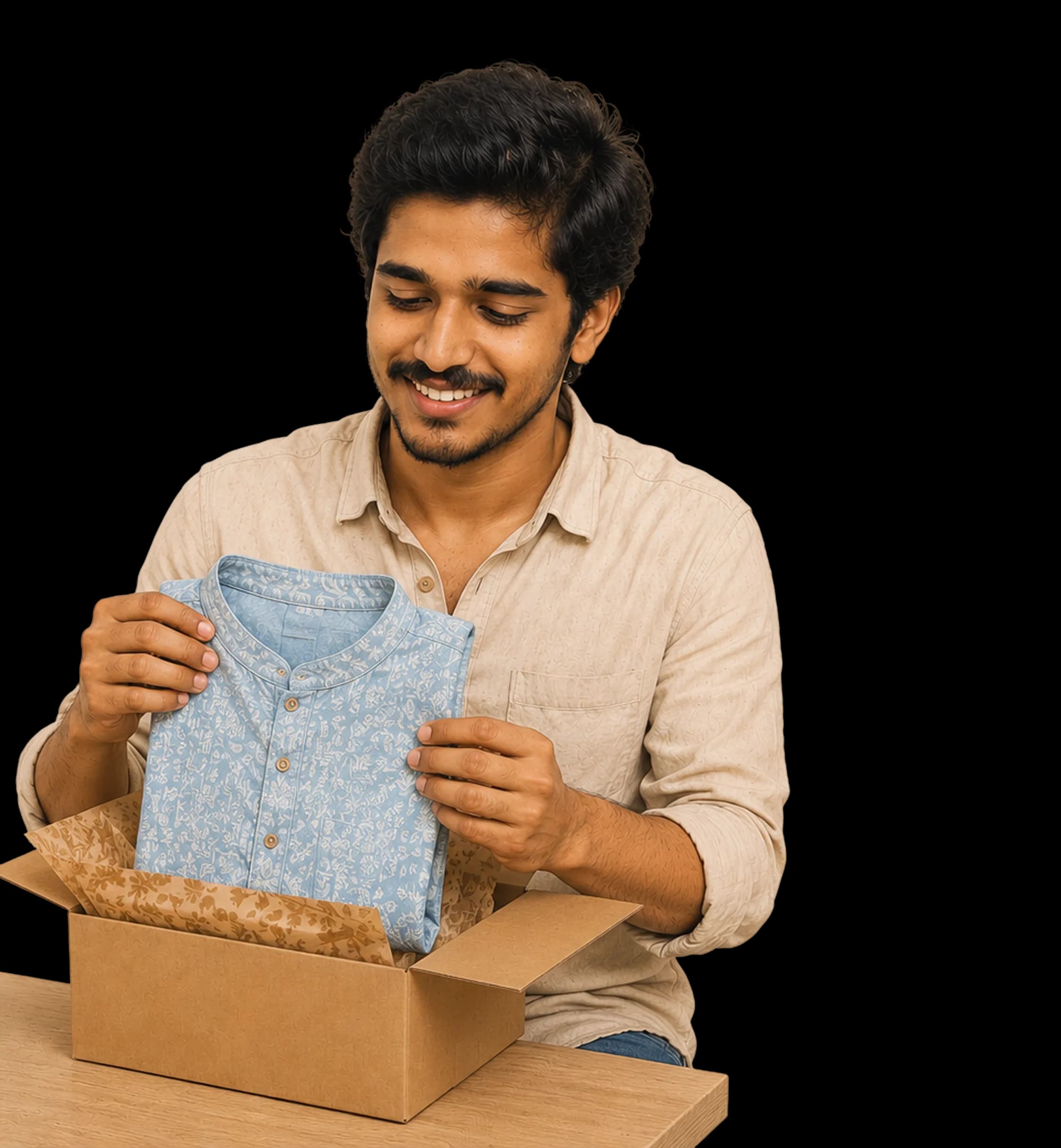 A customer unboxing a blue printed kurta
