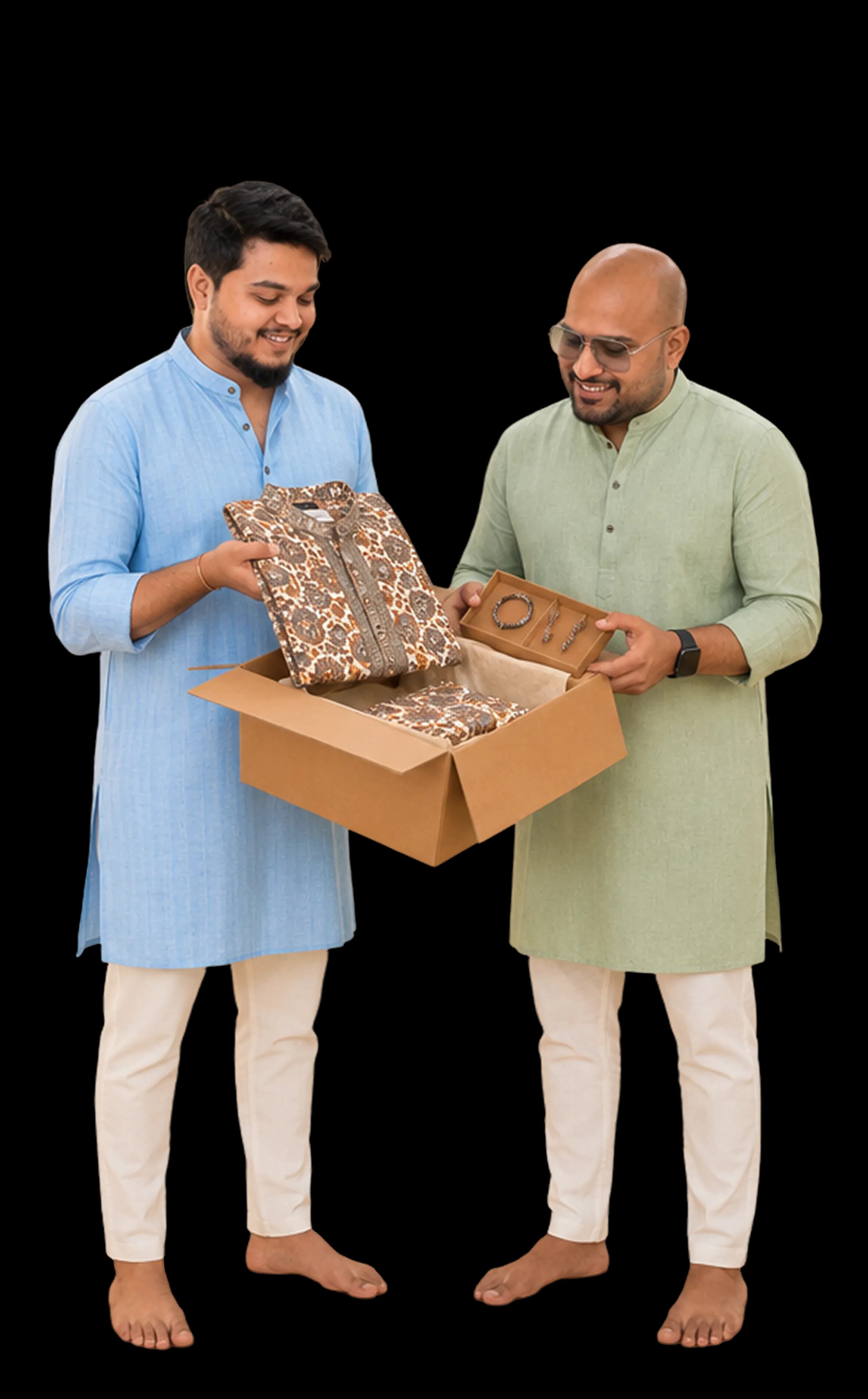 Two friends exchanging a Haaty gift box
