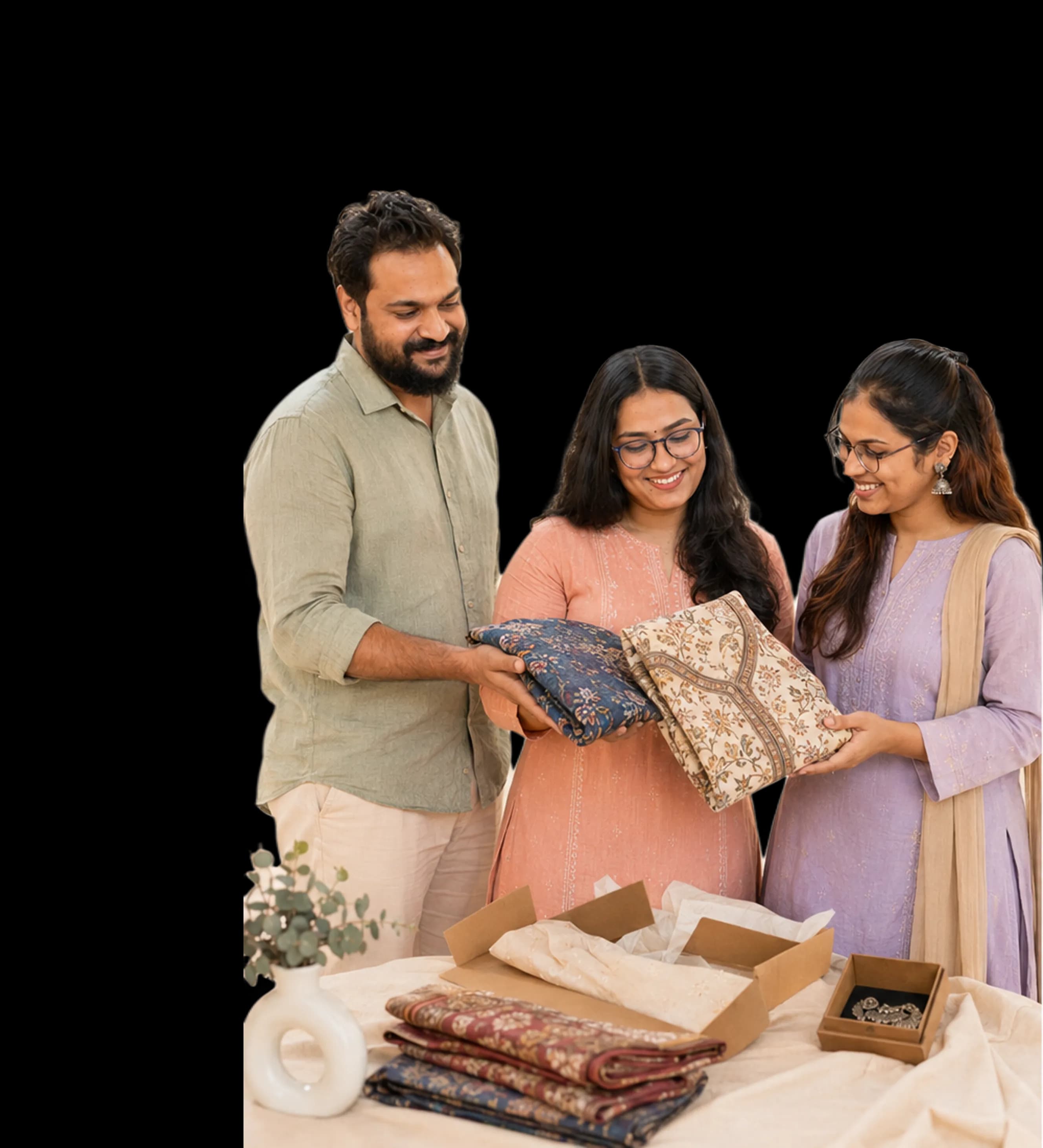 Three friends looking through folded outfits and fabrics together
