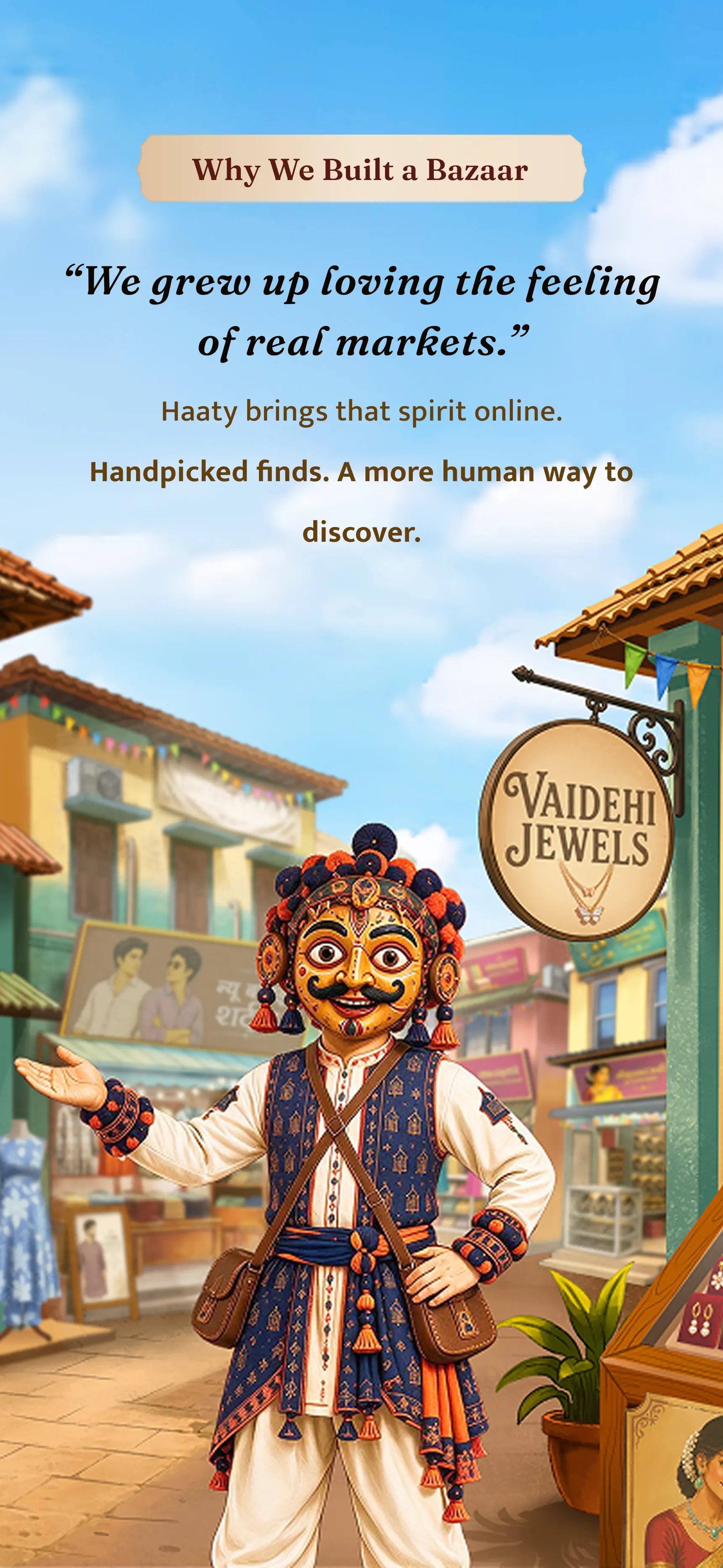 An illustrated Indian bazaar with a welcoming folk character among colourful shops