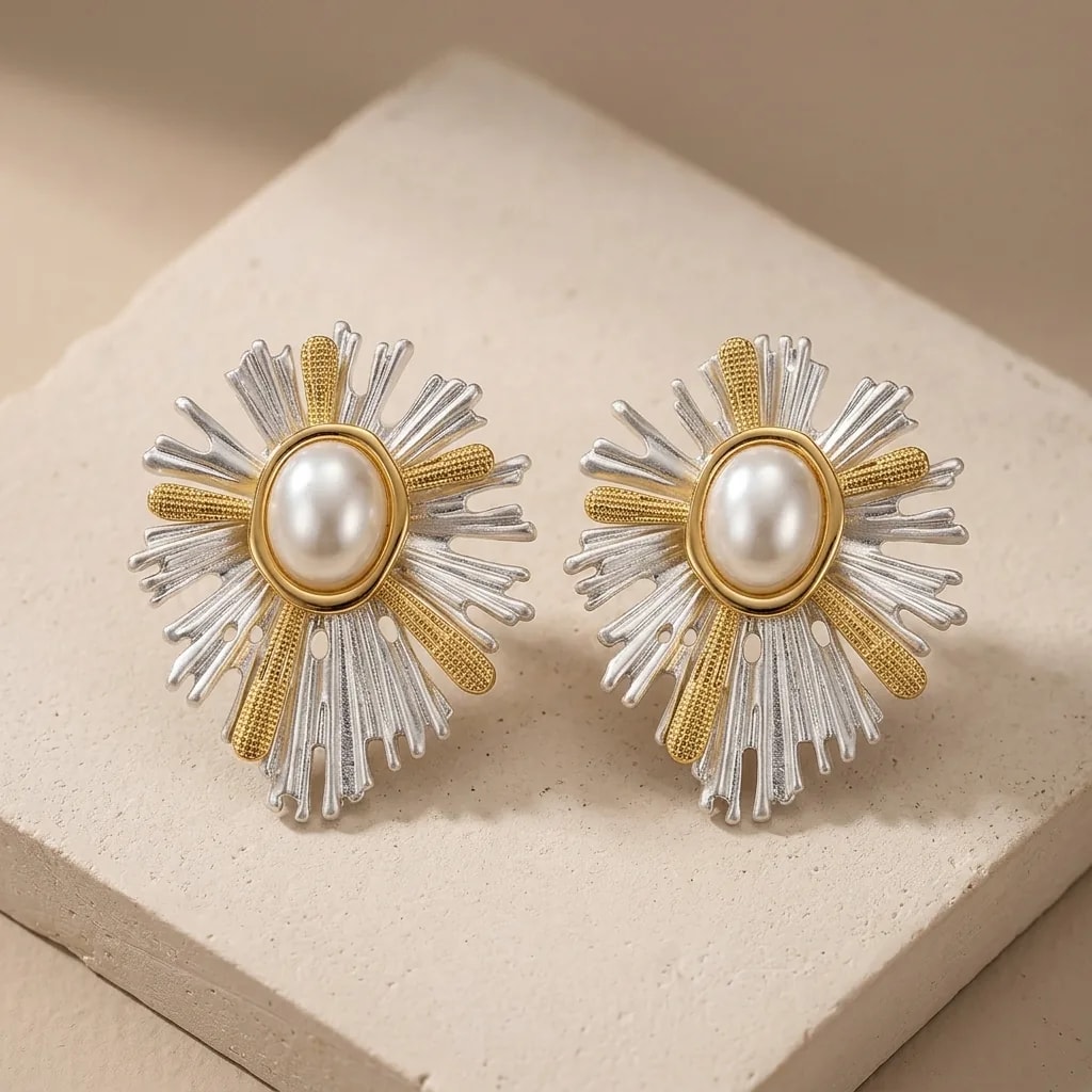 Golden Sunlit Pearl Statement Earrings