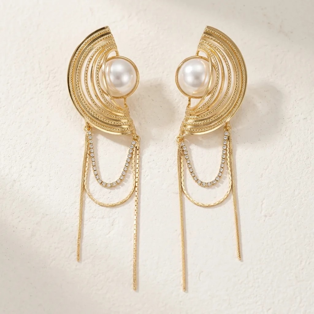 Stellar Arc Pearl Drop Earrings