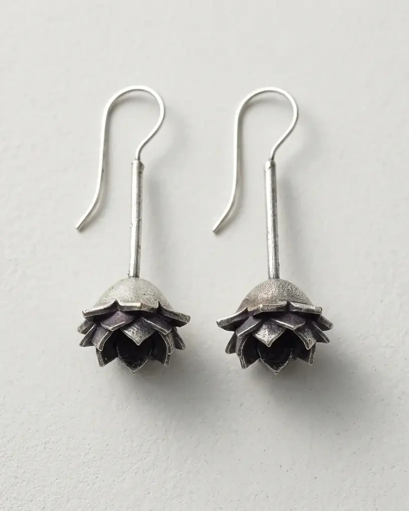 Antique Silver Lotus Drop Earrings