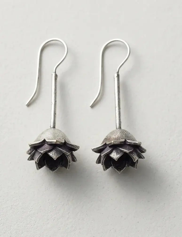 Antique Silver Lotus Drop Earrings