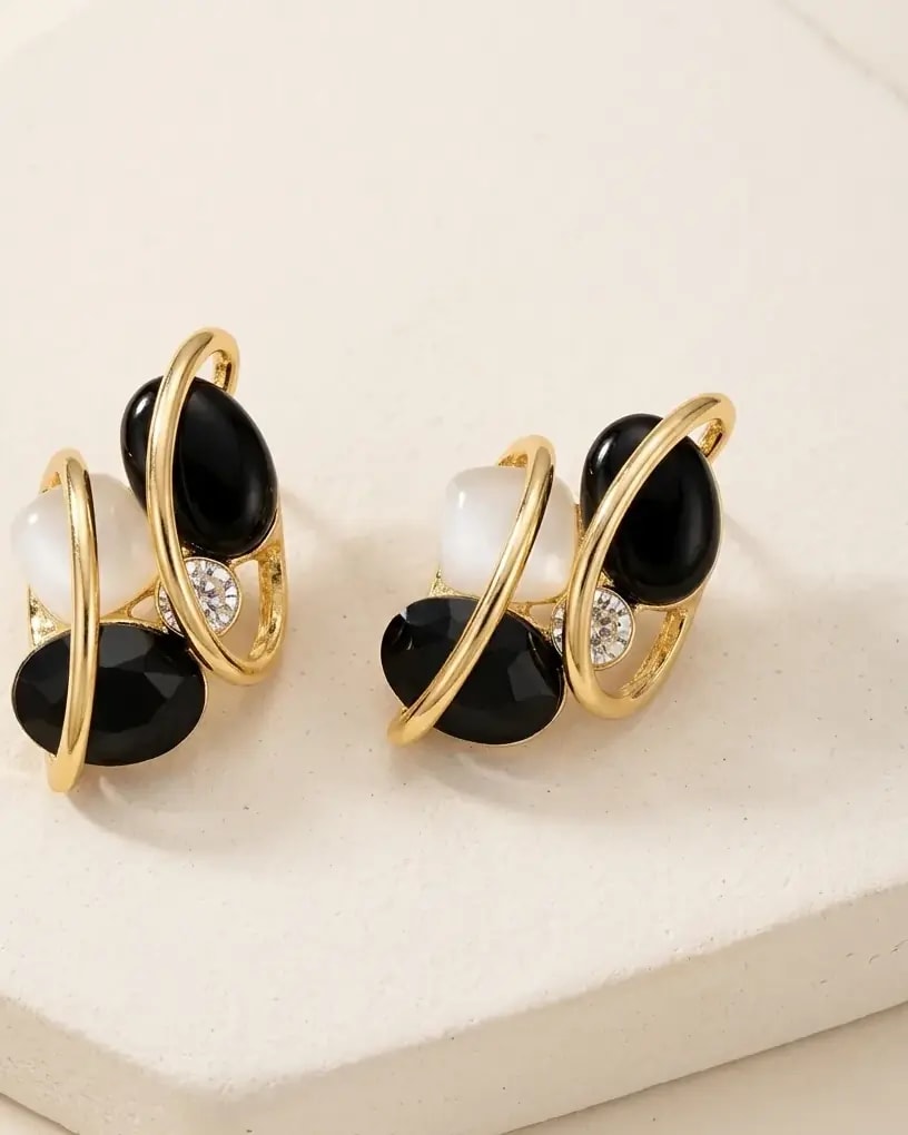 Golden Petal Gem Loop Earrings