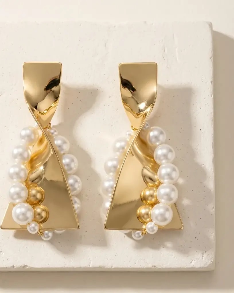 Golden Pearl Ribbon Earrings