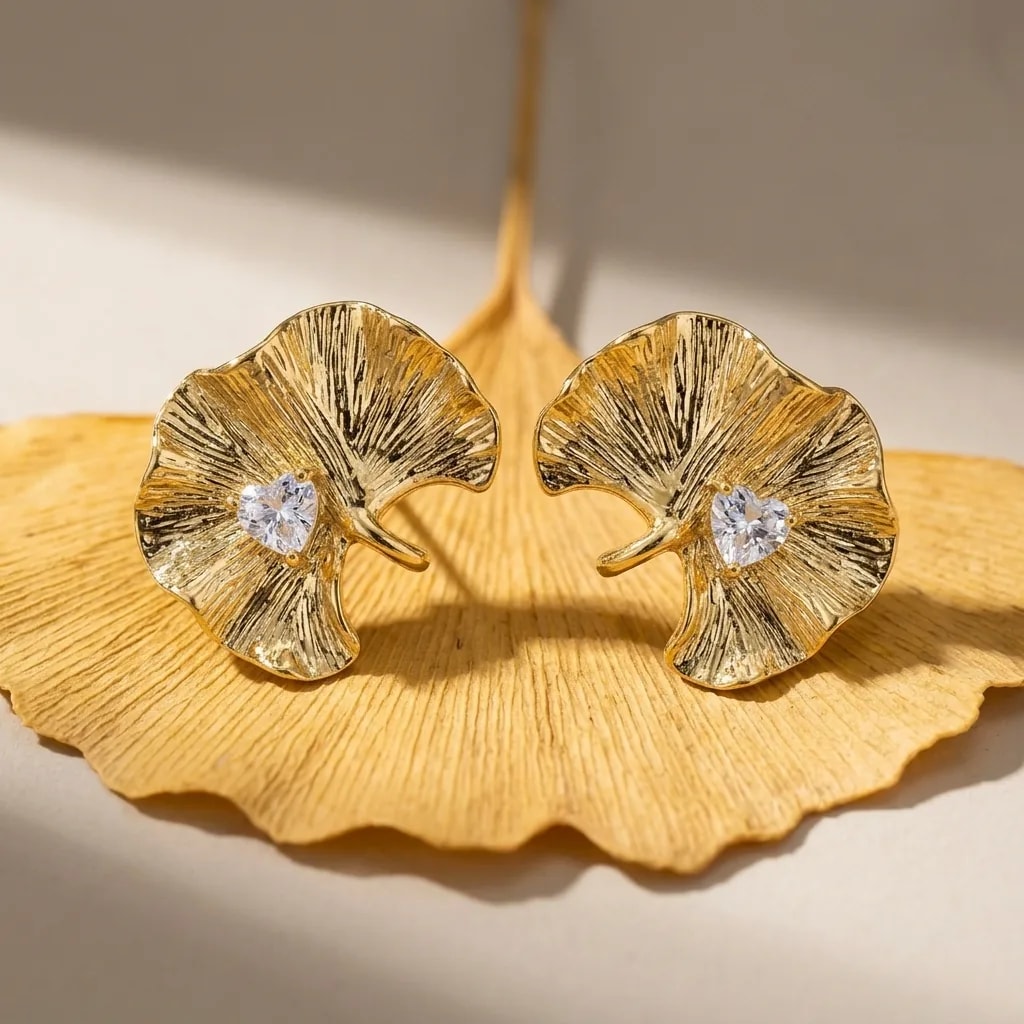 Golden Ginkgo Sculpt Stud Earrings