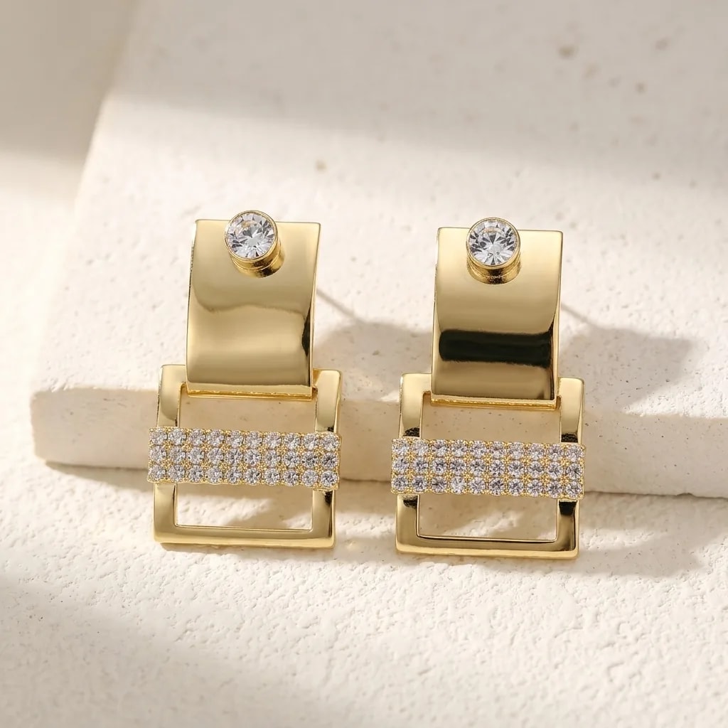 Geometric Gold Crystal Bar Stud Earrings