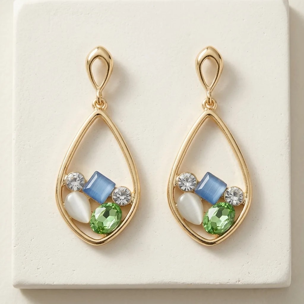 Golden Teardrop Gemframe Earrings