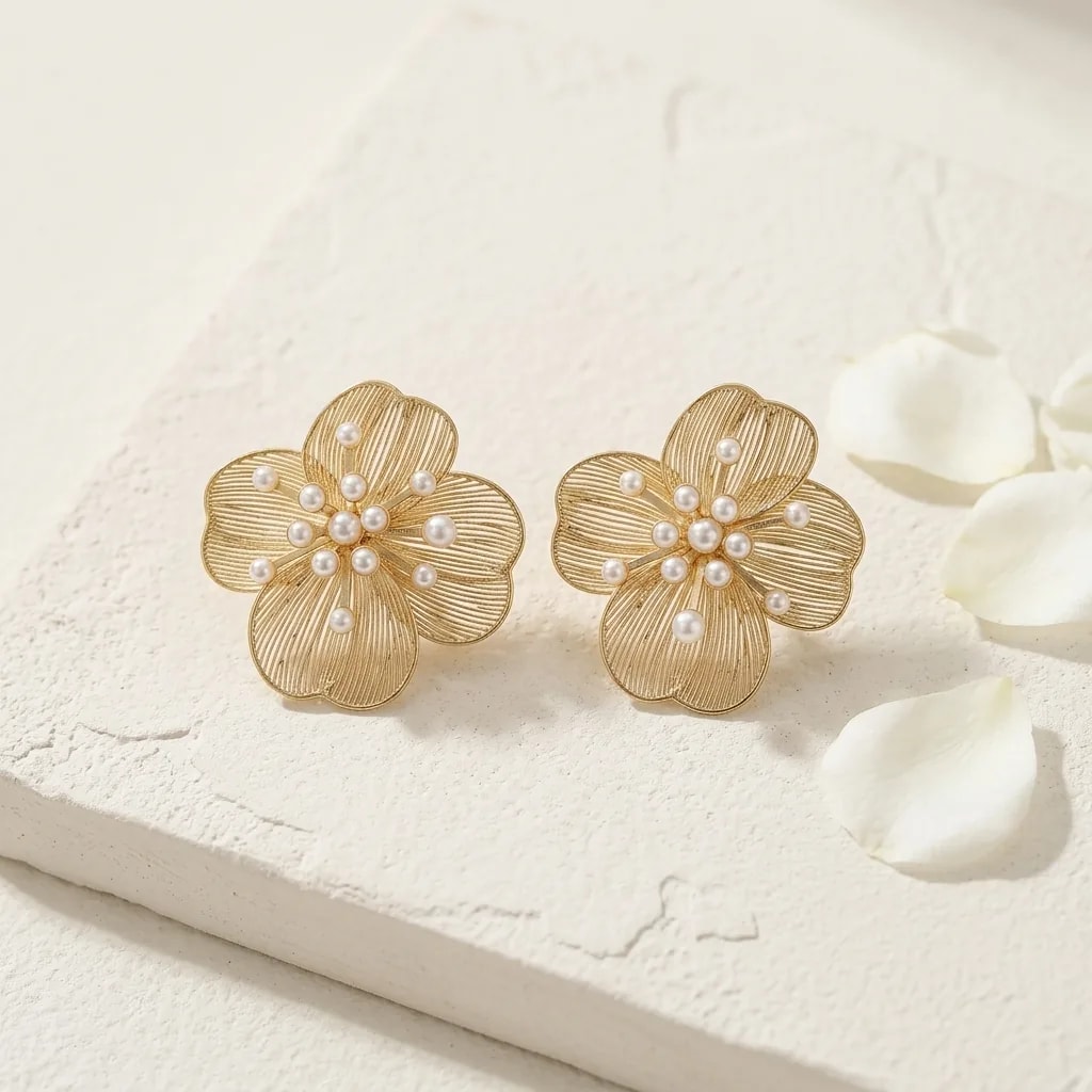 Golden Pearl Blossom Earrings