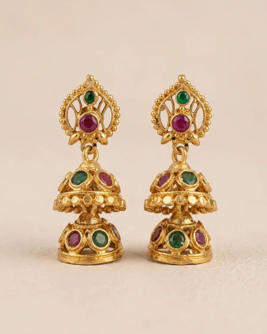 Double Jhumka Gold-Toned Screw Back Earrings