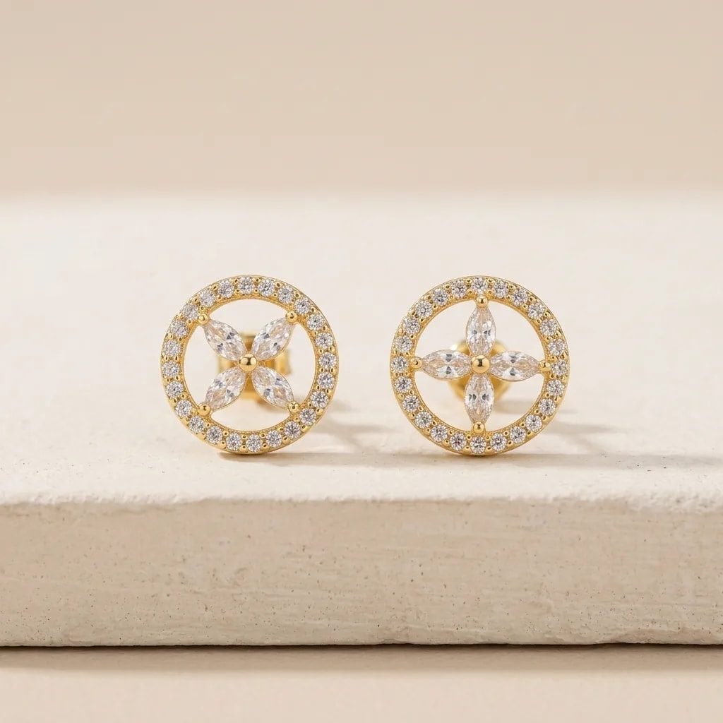 Petal Medallion Stone Gold-Toned Screw Back Studs
