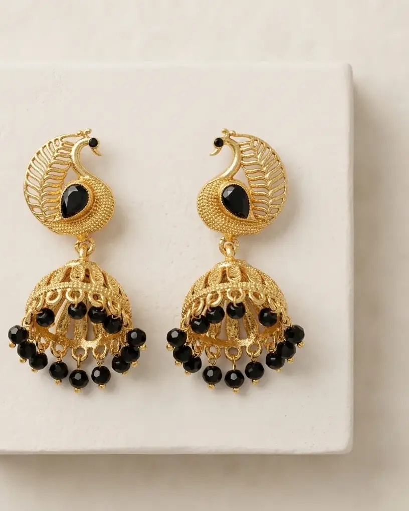 Mayil Black Bead Gold-Toned Screw Back Jhumkas