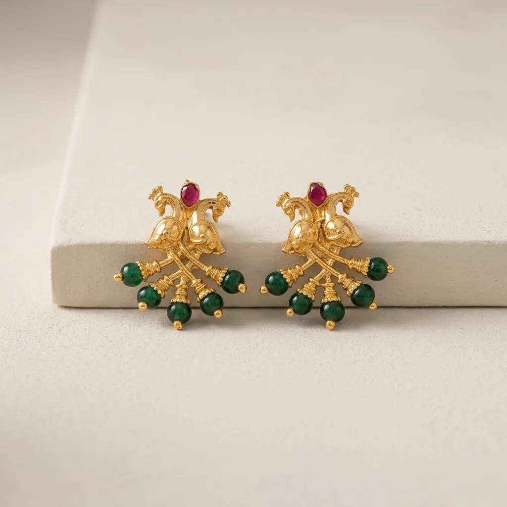 Two-Piece Pakshi Beaded Vintage Gold-Toned Screw Back Stud Earrings