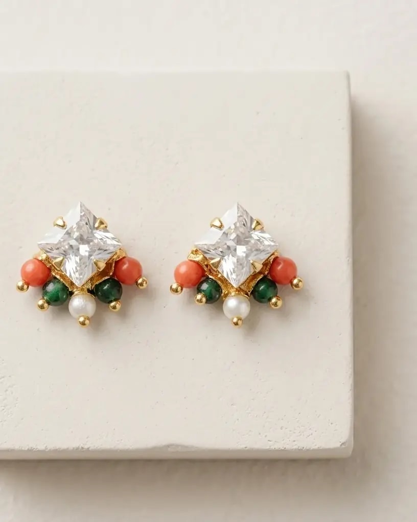 Crystal Diamond Beaded Gold-Toned Screw Back Studs