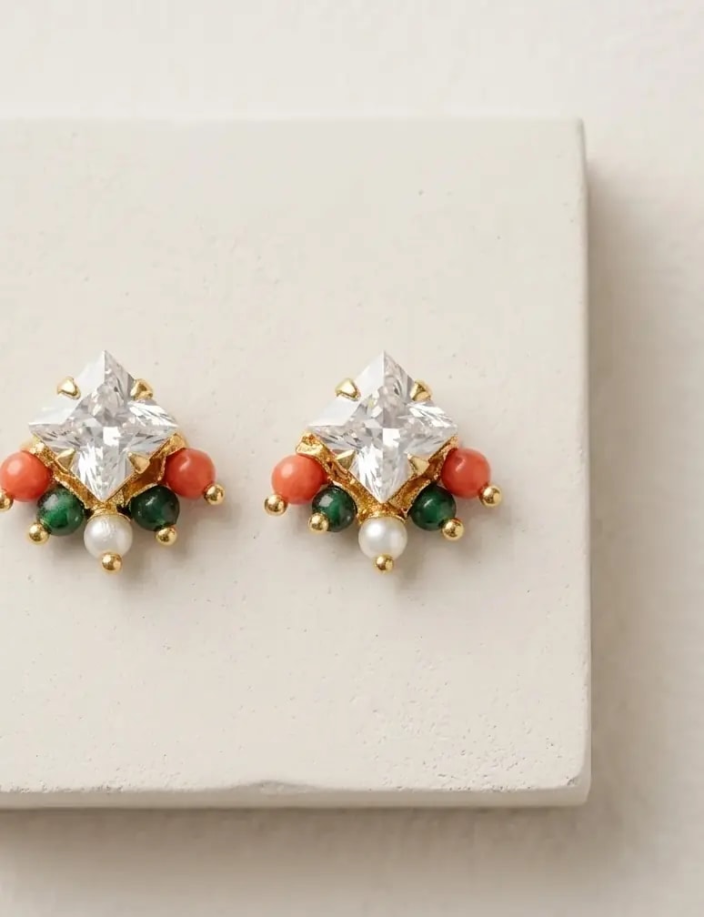 Crystal Diamond Beaded Gold-Toned Screw Back Studs
