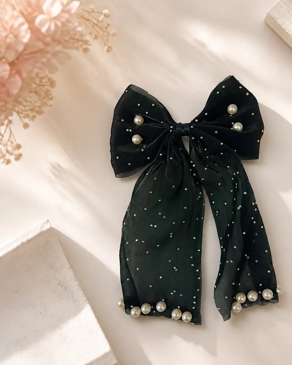 Velvet Pearl Bow Hair Clip