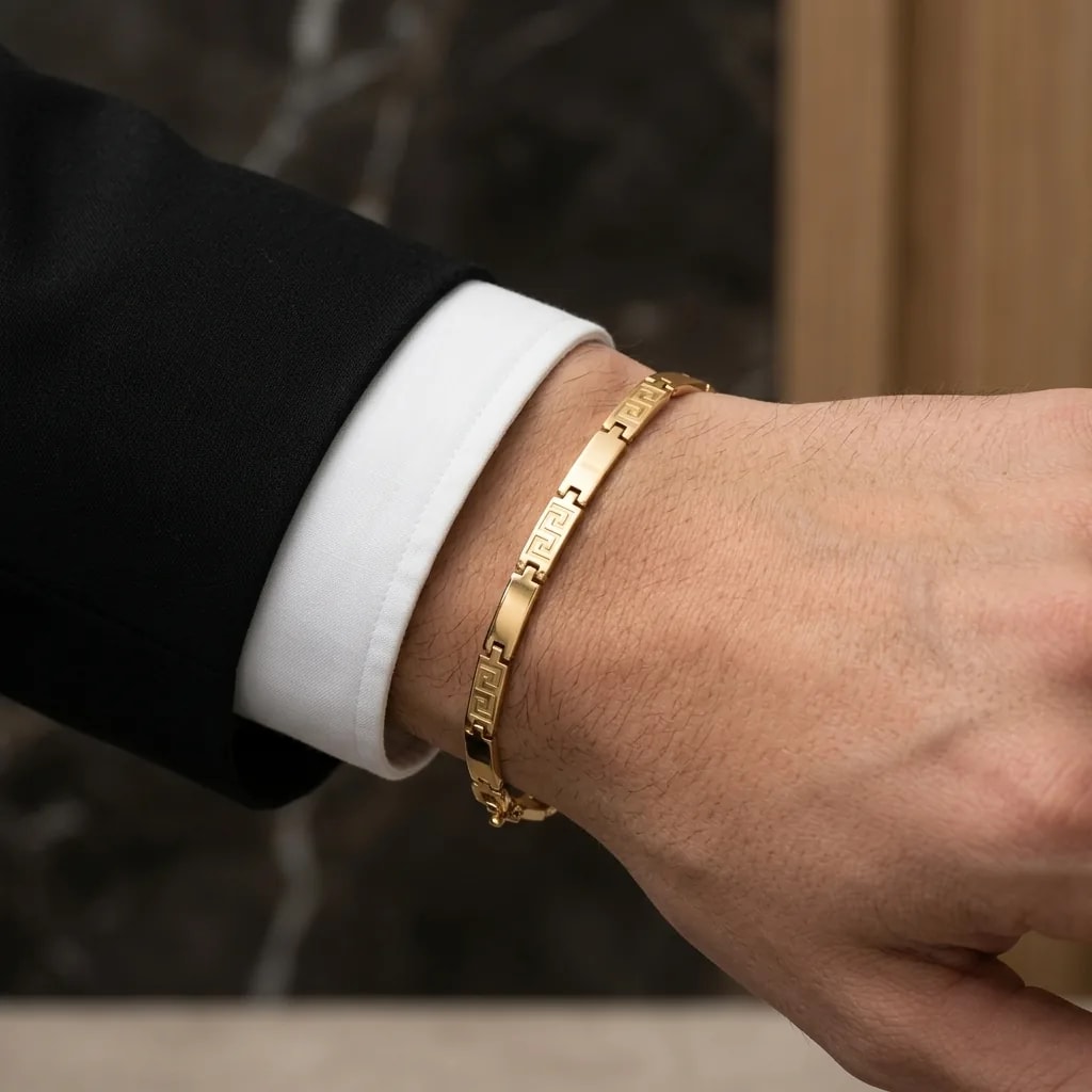 Gold Tone Greek Key Men's Bracelet