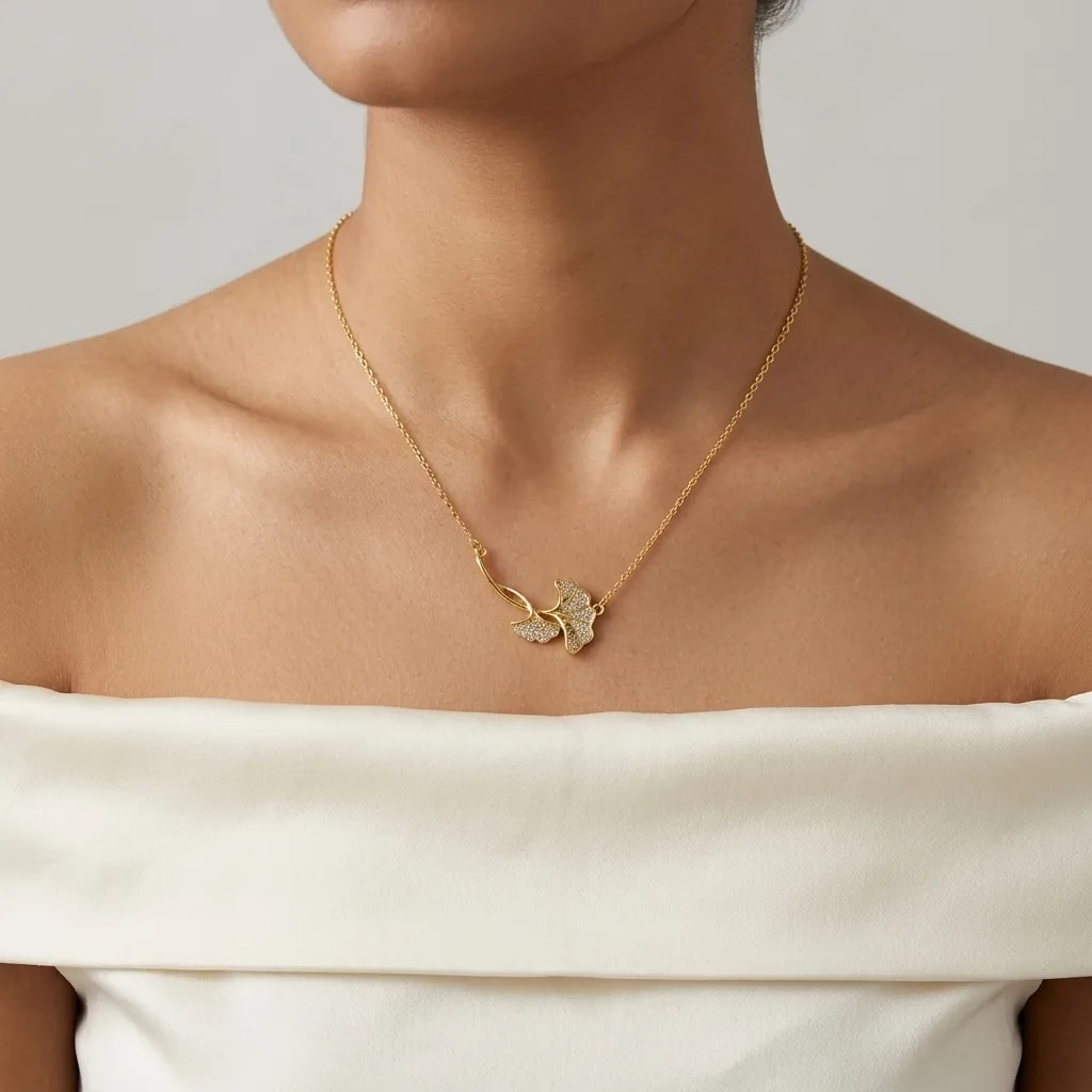 Golden Entwined Leaf Crystal Necklace