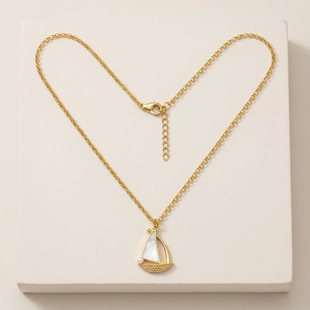 Golden Sailboat Pearl Charm Necklace