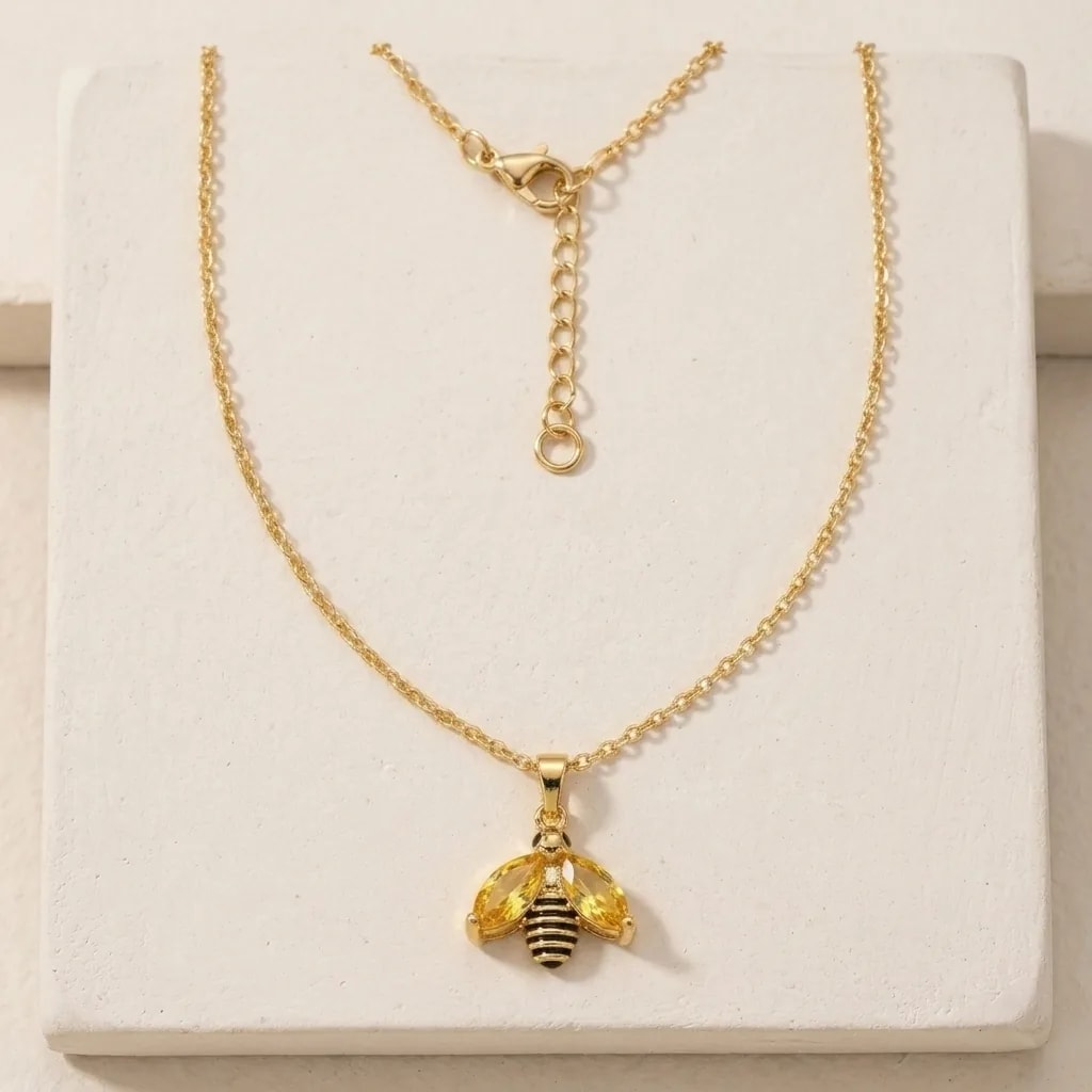 Golden Honeybee Crystal Charm Necklace