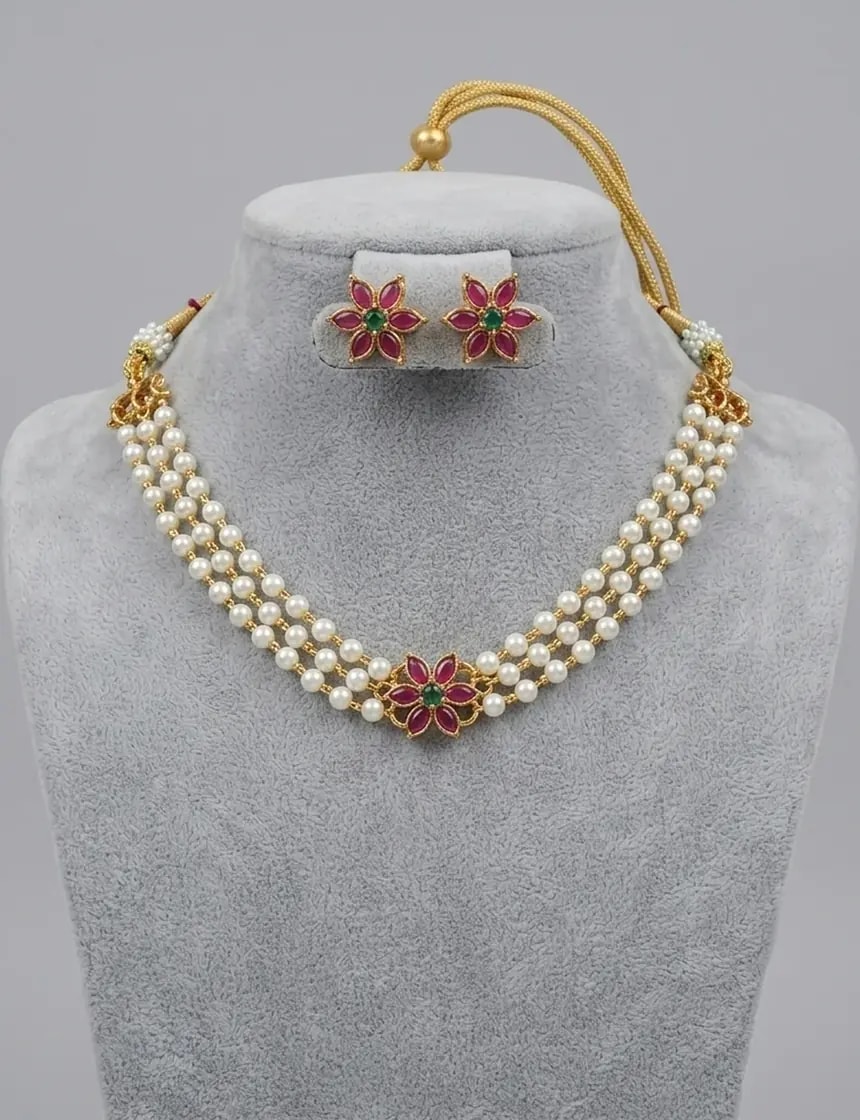 Three Layer Pearl Rosette Kempu Choker Set