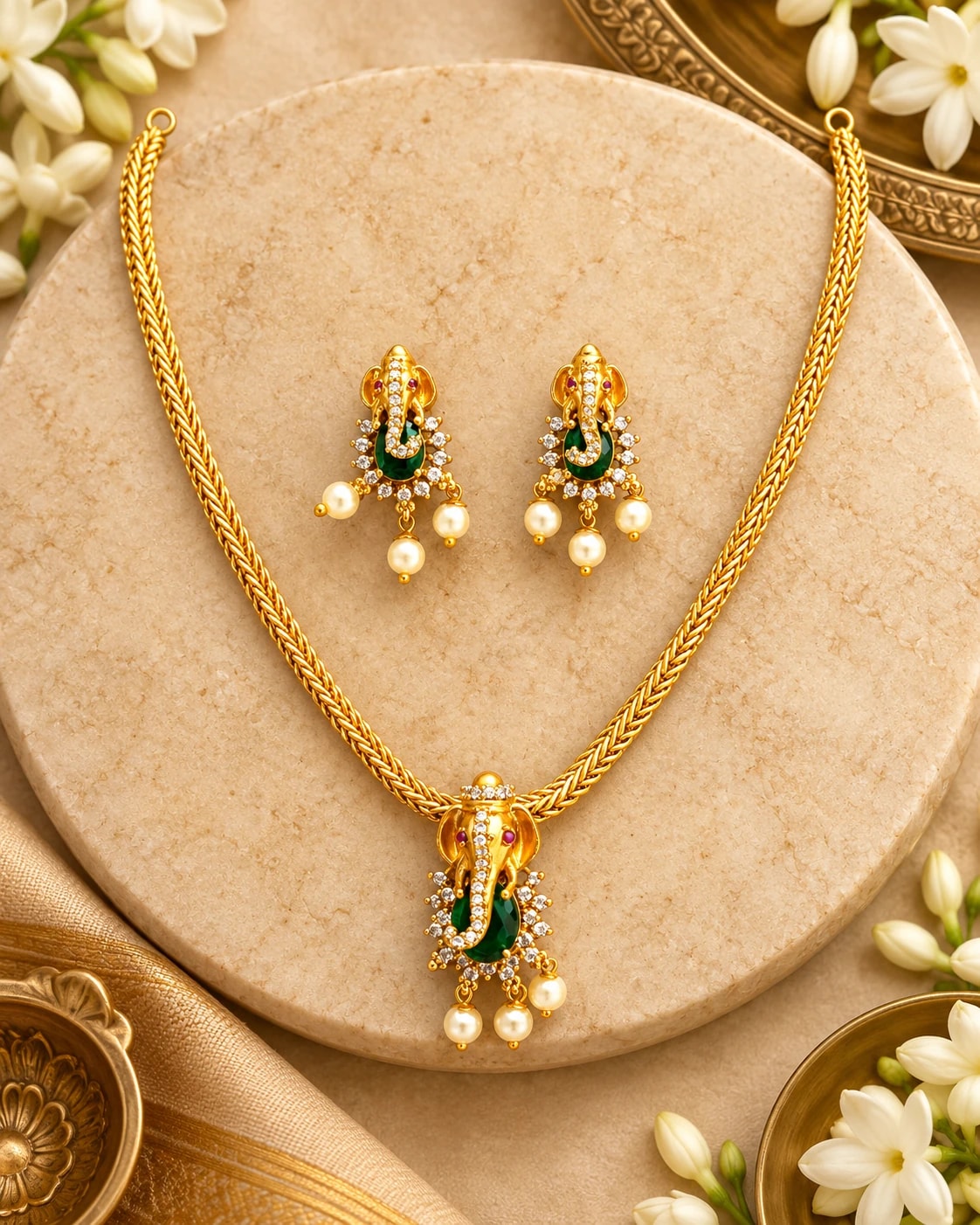Ganesha Pearl Drop Short Chain Set — Emerald