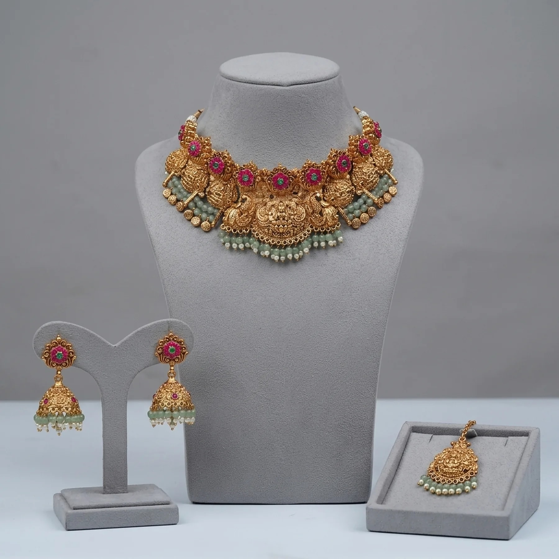 Antique Lakshmi Alankara Mint Choker Set with Maang Tikka