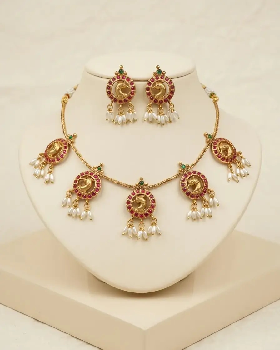 Antique Peacock Kempu Pearl Drop Necklace Set