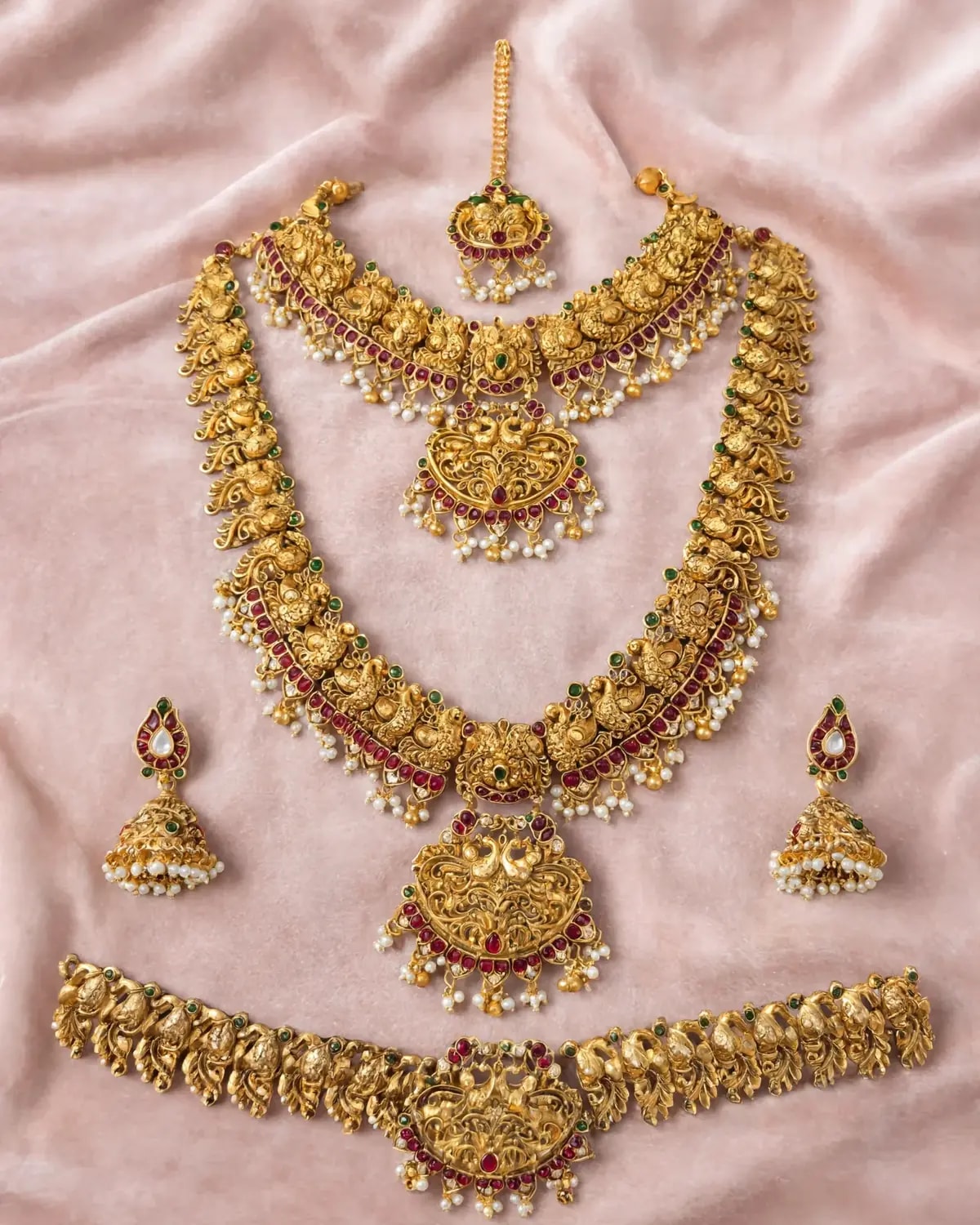 Antique Peacock Grandeur Set(with waistbelt and mang tikka)