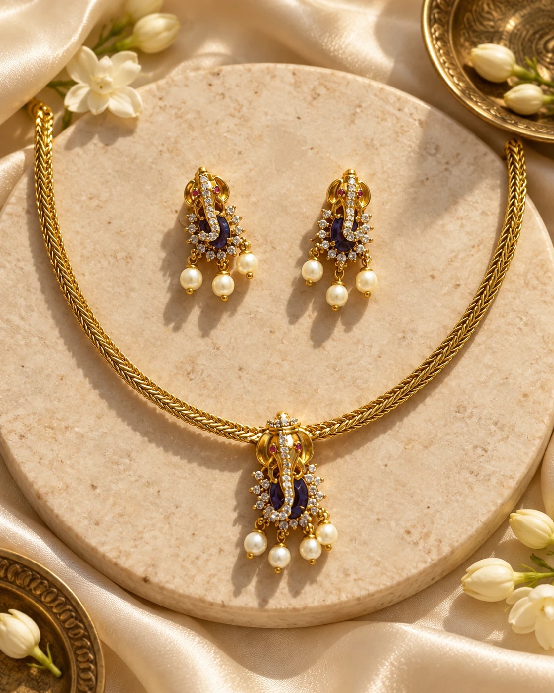 Ganesha Pearl Drop Short Chain Set — Amethyst