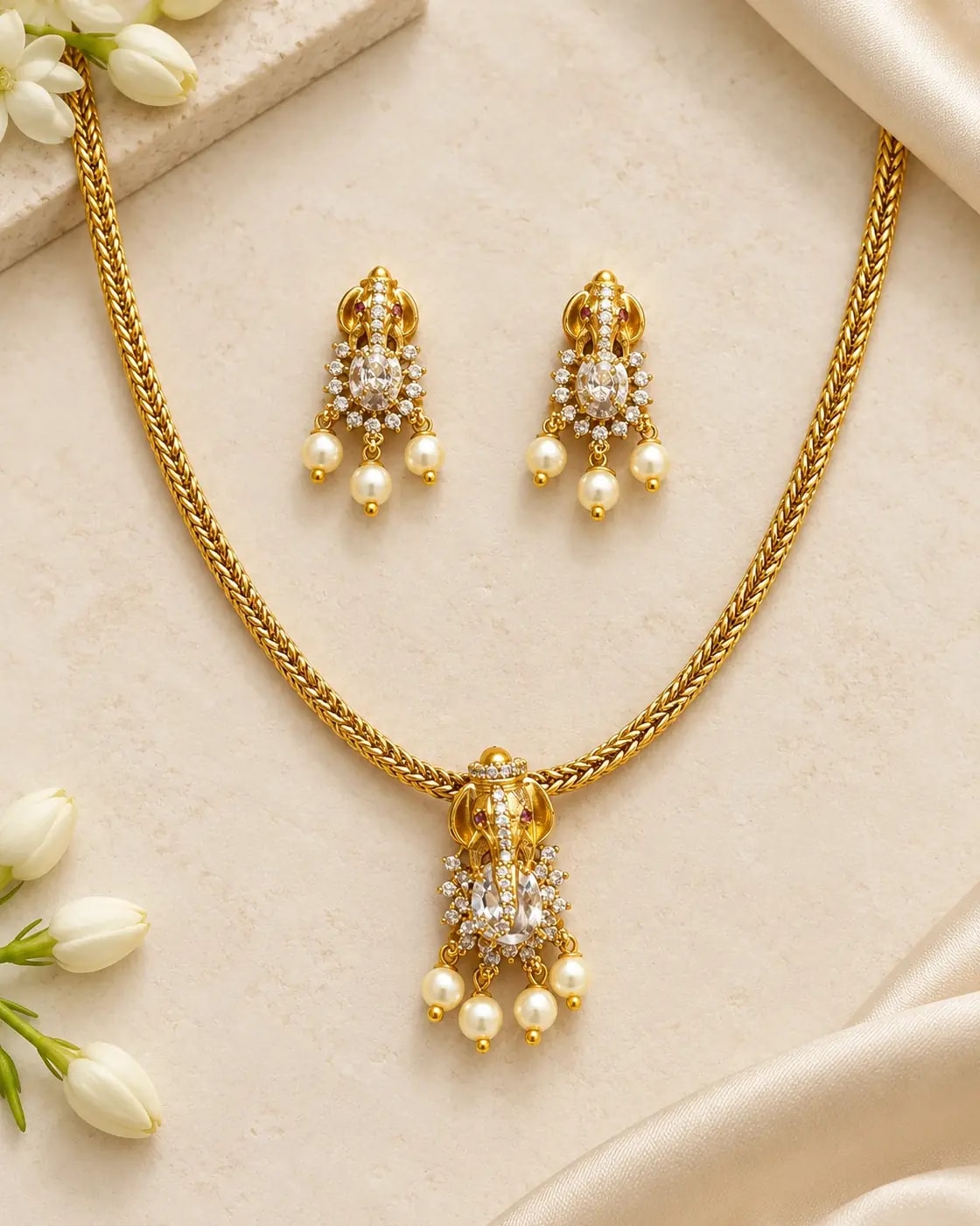 Ganesha Pearl Drop Short Chain Set — White