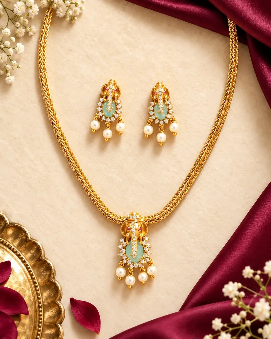 Ganesha Pearl Drop Short Chain Set — Turquoise Green