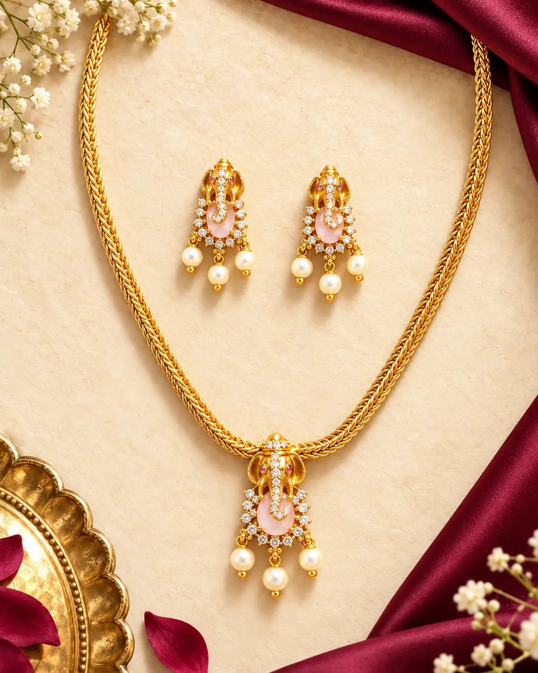 Ganesha Pearl Drop Short Chain Set — Blush Pink