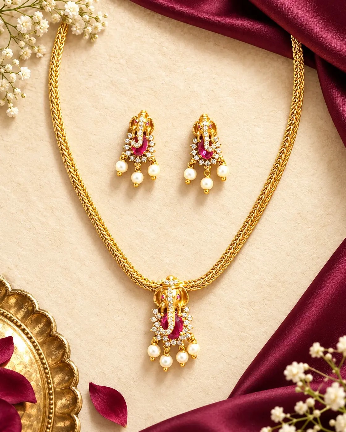 Ganesha Pearl Drop Short Chain Set — Ruby
