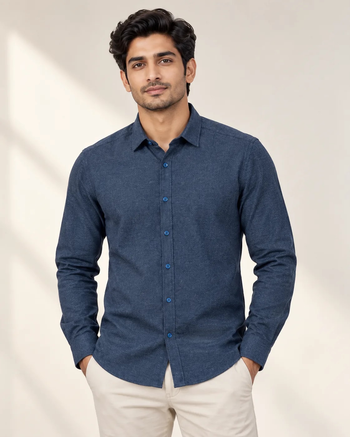 Cotton Wool Mélange Shirt — Navy