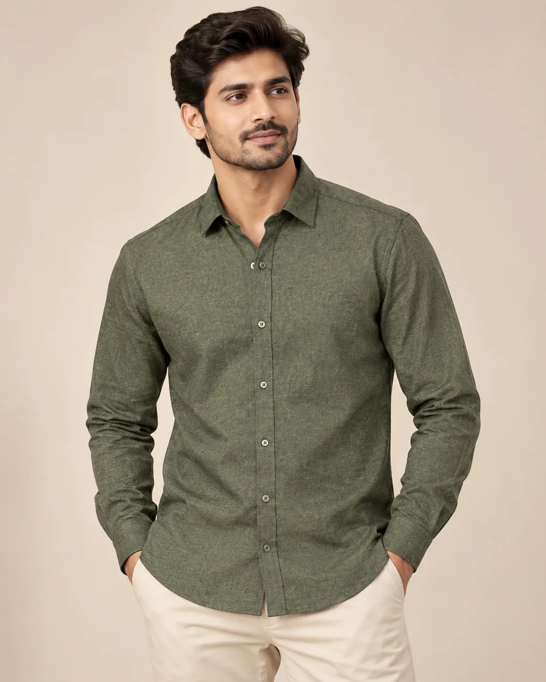 Cotton Wool Mélange Shirt — Olive