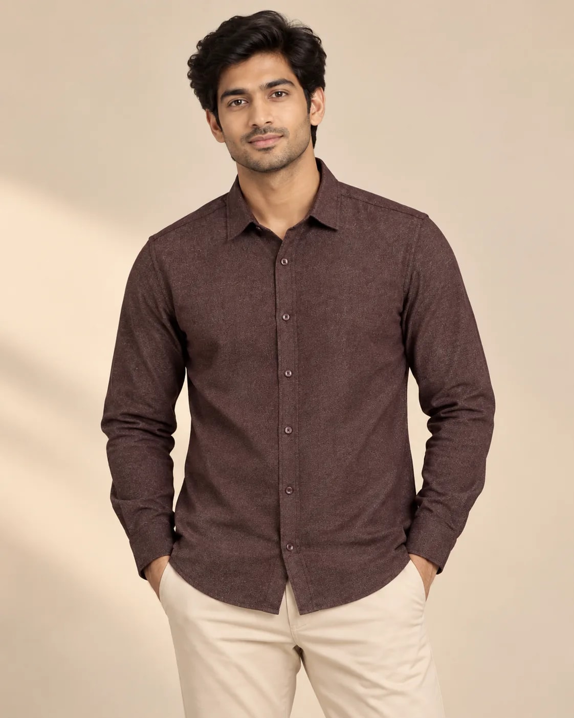 Cotton Wool Mélange Shirt — Burgundy