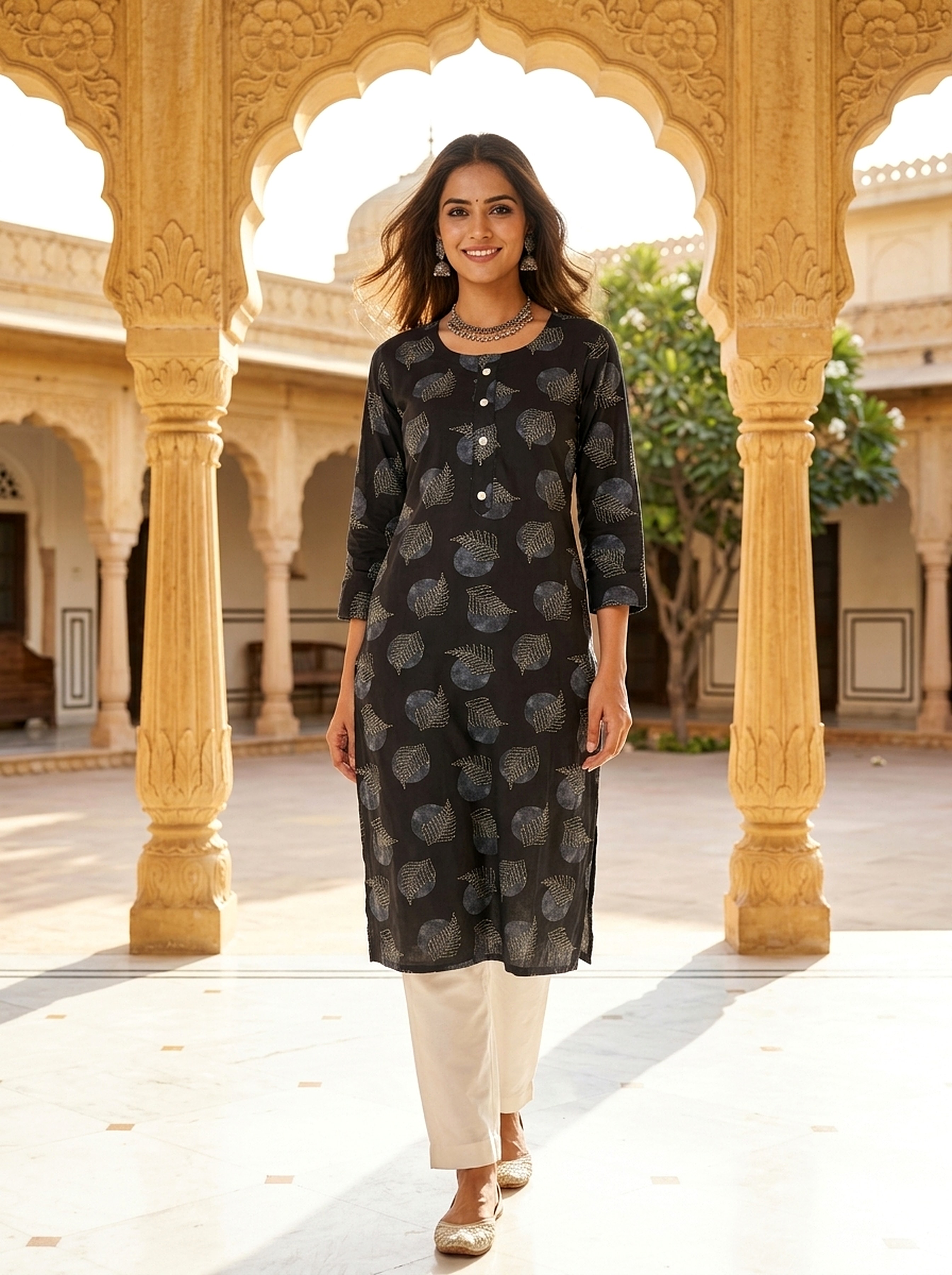 Midnight Leaf Printed Rayon Kurta