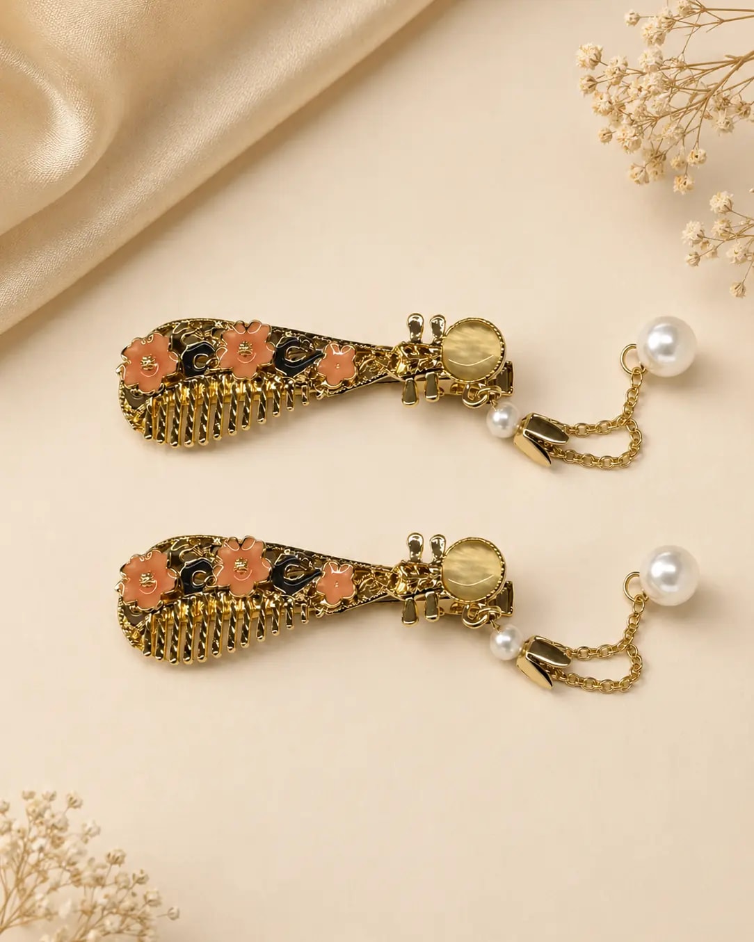 Handmade Peach Blossom Pearl Comb Side Hair Clip
