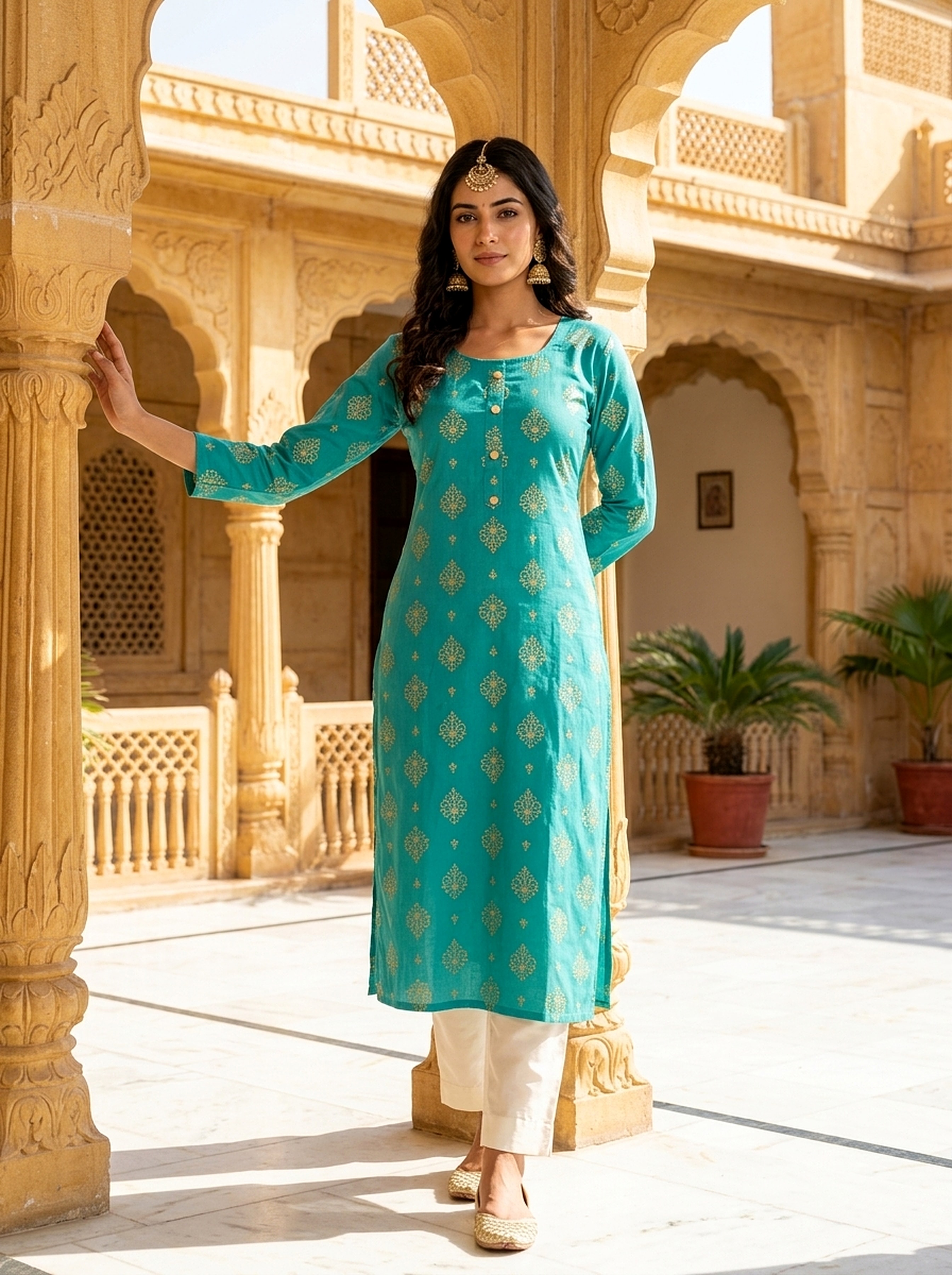 Turquoise Grace Printed Rayon Kurta