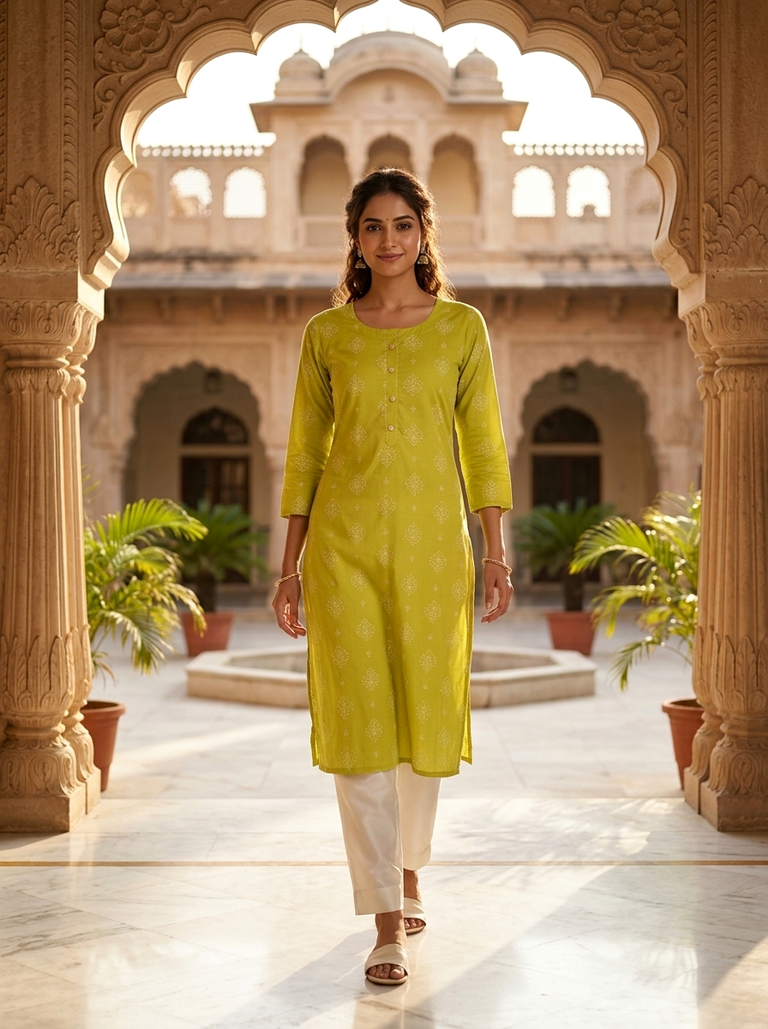 Lime Buti Printed Rayon Kurta
