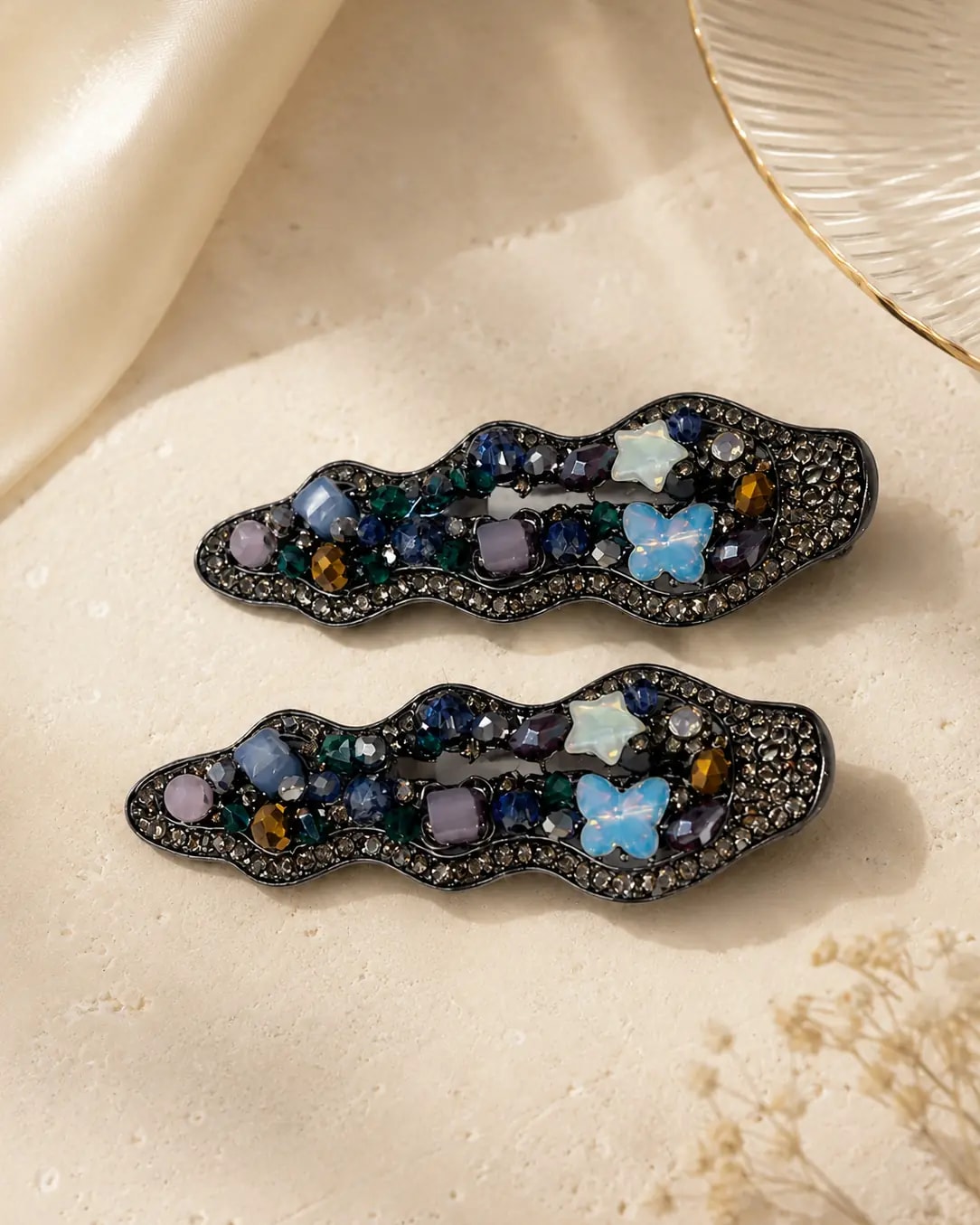 Handmade Midnight Mosaic Crystal side Hair Clip.