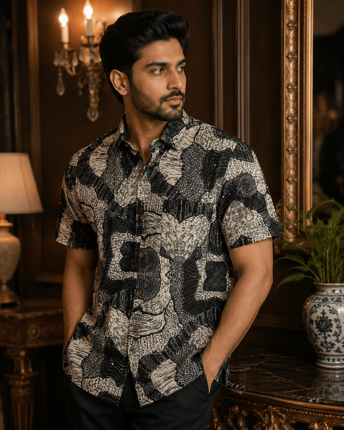 Monochrome Abstract Printed Cotton Men's Shirt