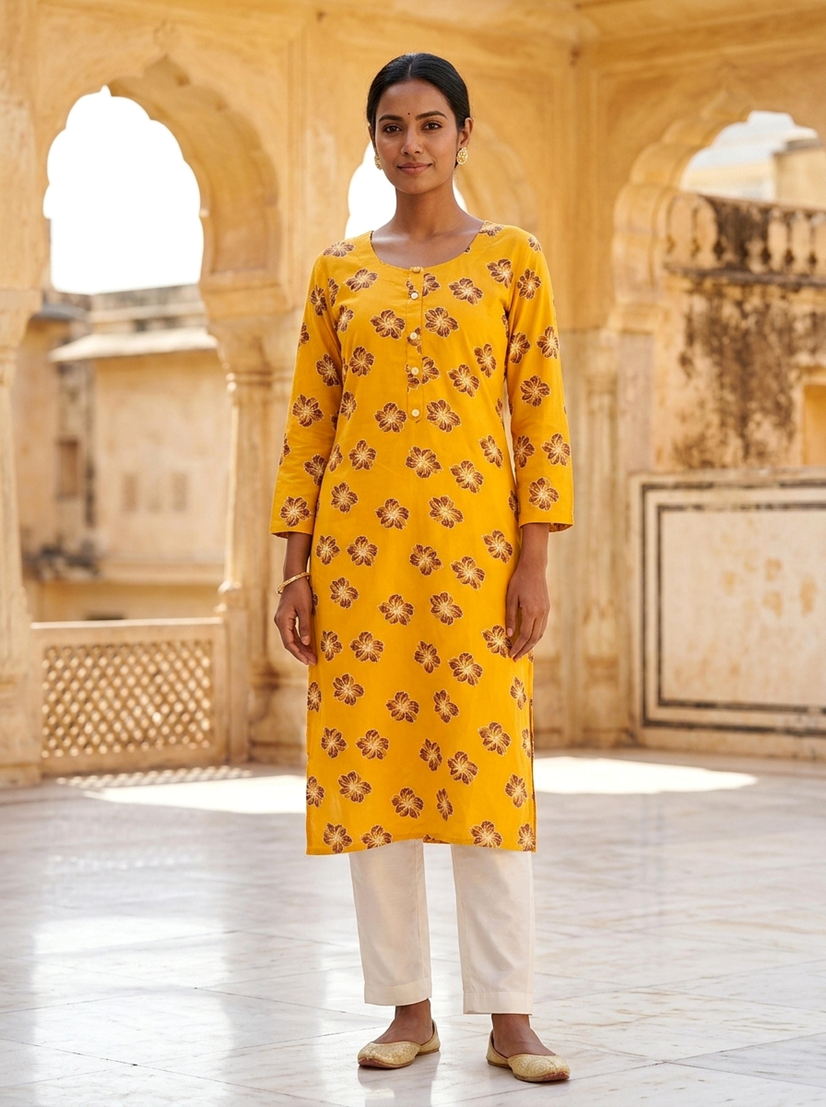 Golden Blossom Printed Rayon Kurta