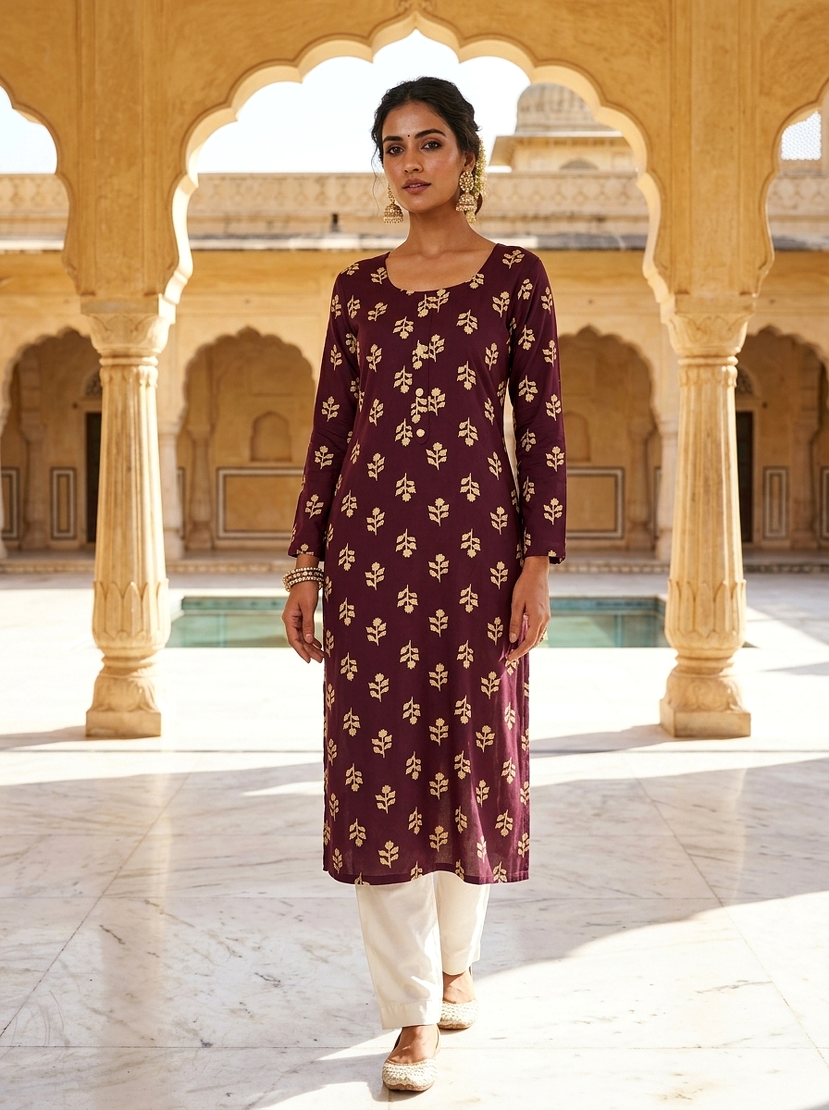 Wine Leaf Printed Rayon Kurta