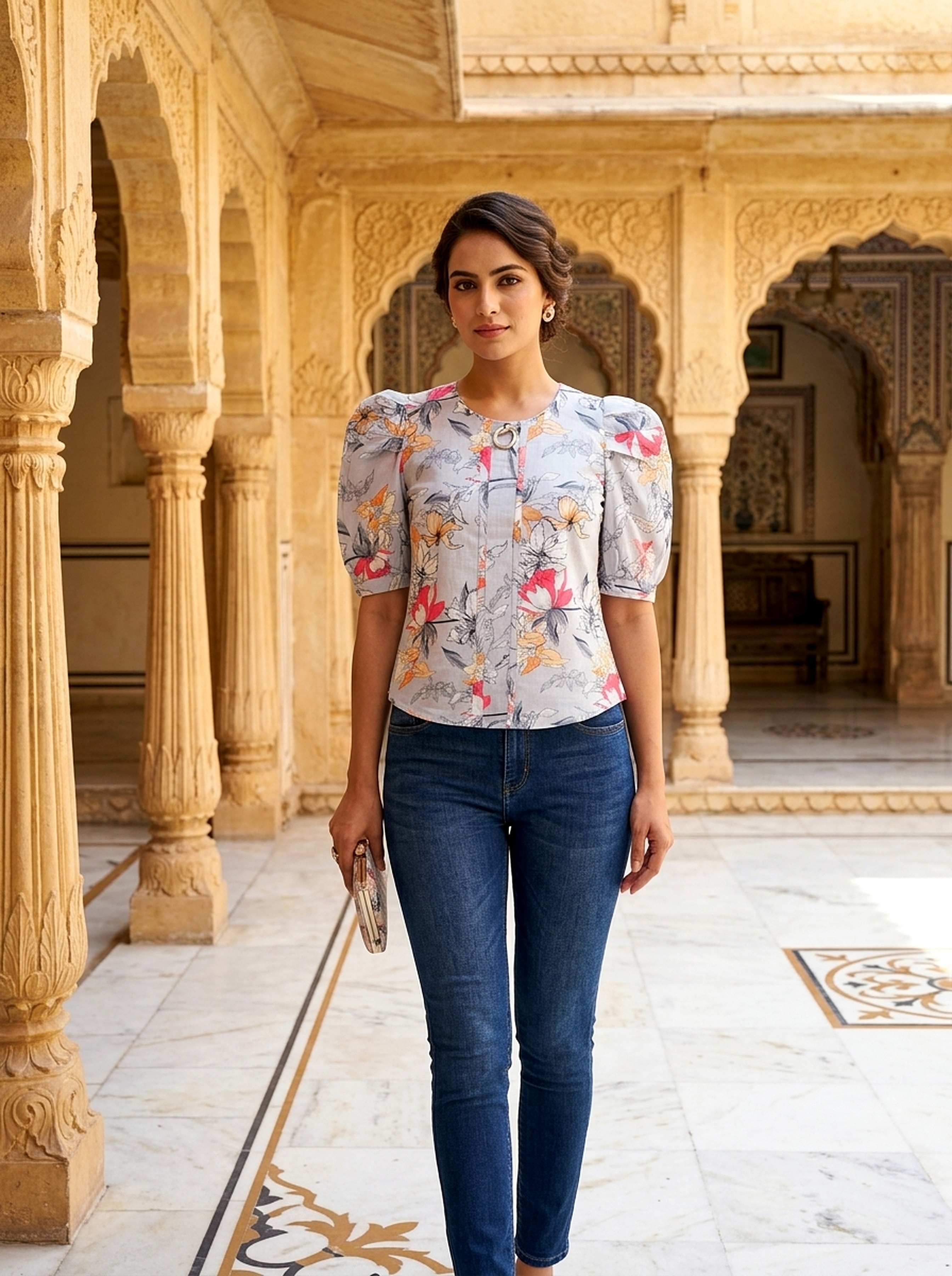 Bloom Essence Printed Linen blend Top